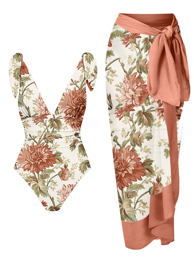 Bowknot Tie-shoulder Floral Print One Piece Swimsuit and Skirt