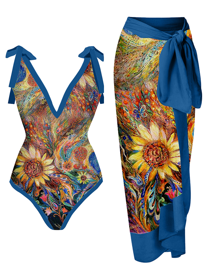 Vintage Abstract Print One Piece Swimsuit Set