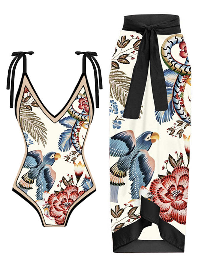 Vintage Colorblock Floral Print One-Piece Swimsuit Set