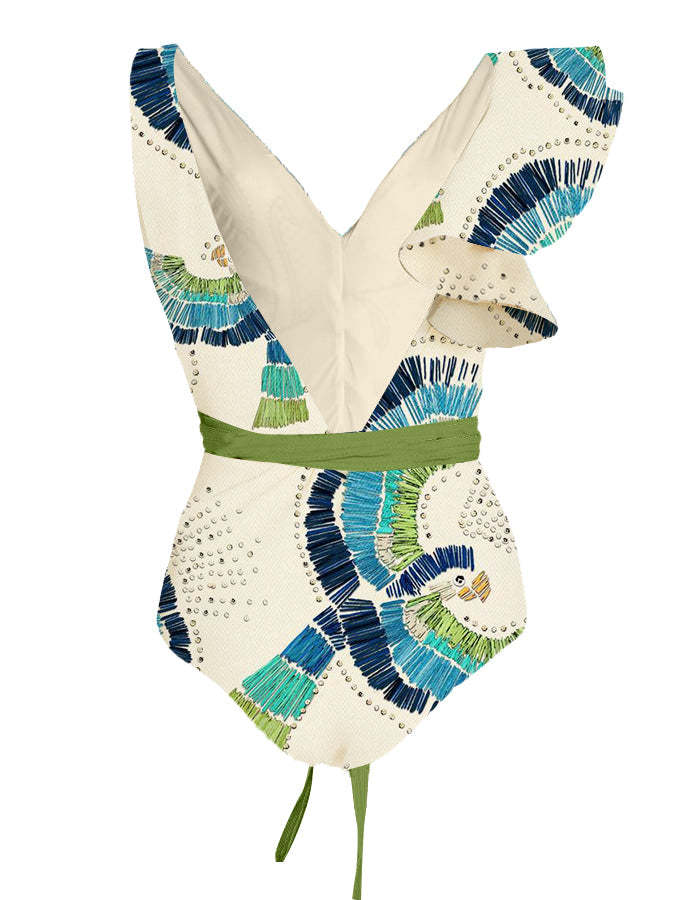 V-Neck Ruffled Vintage Embroidered Print Swimsuit Set