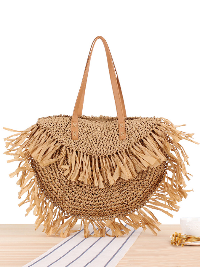 Casual semicircle tassel shoulder straw bag beach bag