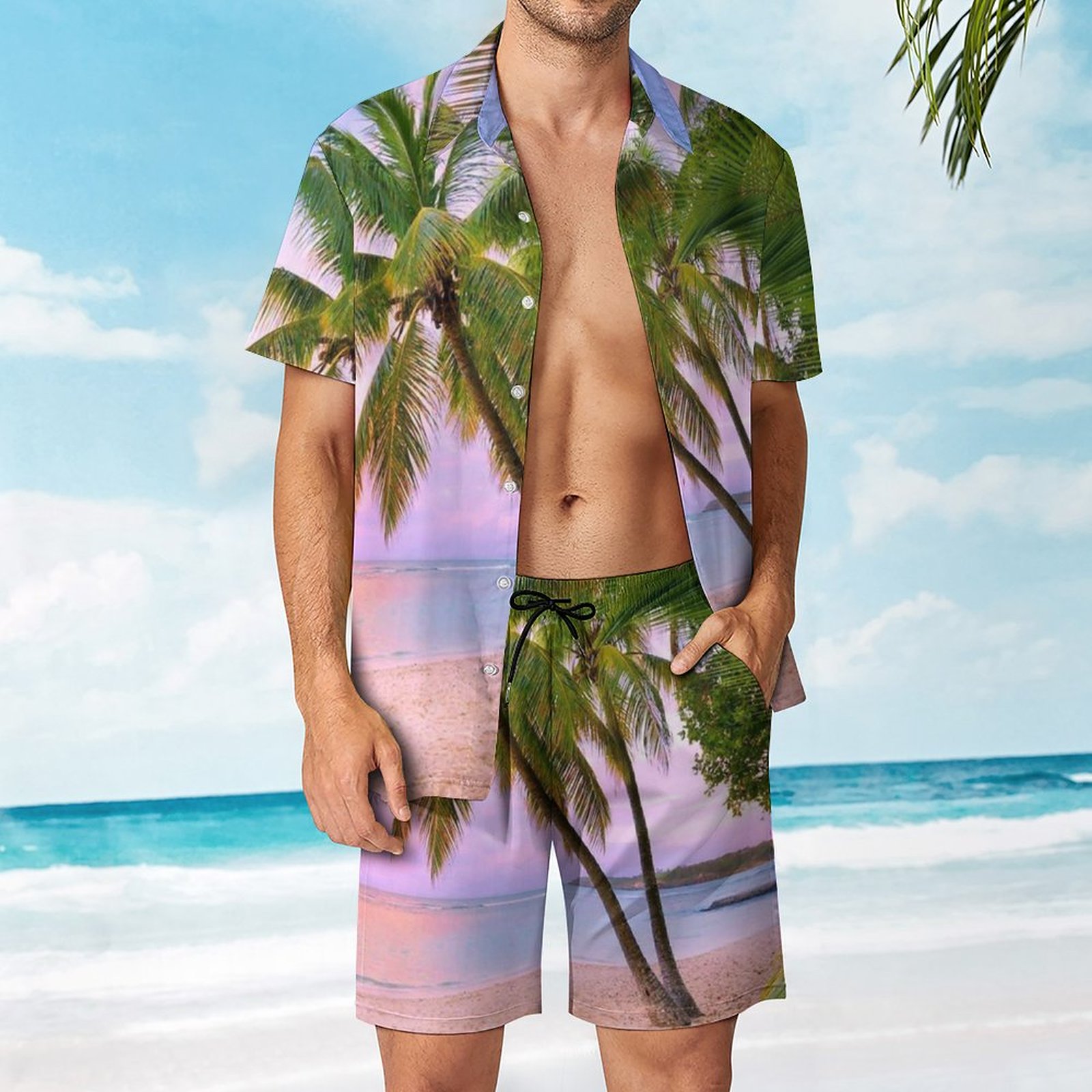 Men's Hawaiian Print Beach Two-Piece Suit 2304104052