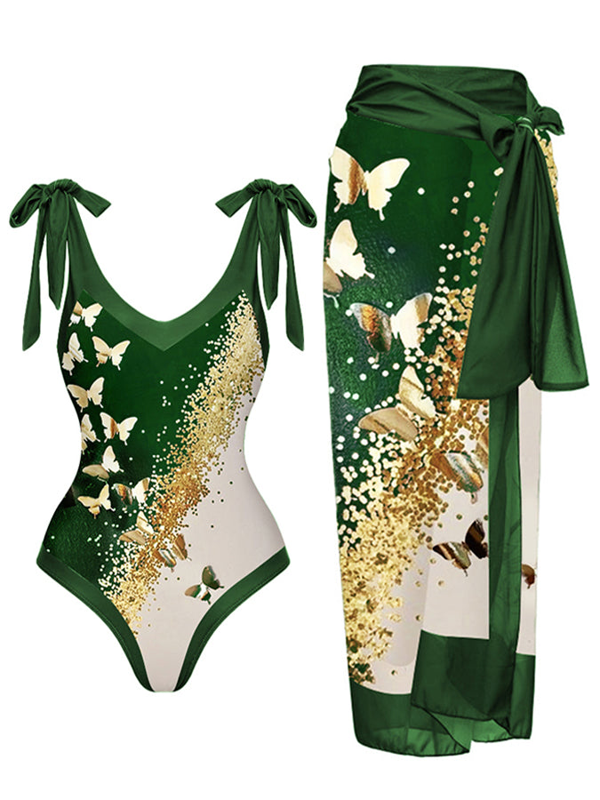 V-Neck Colorblock Butterfly Print One-Piece Swimsuit Set