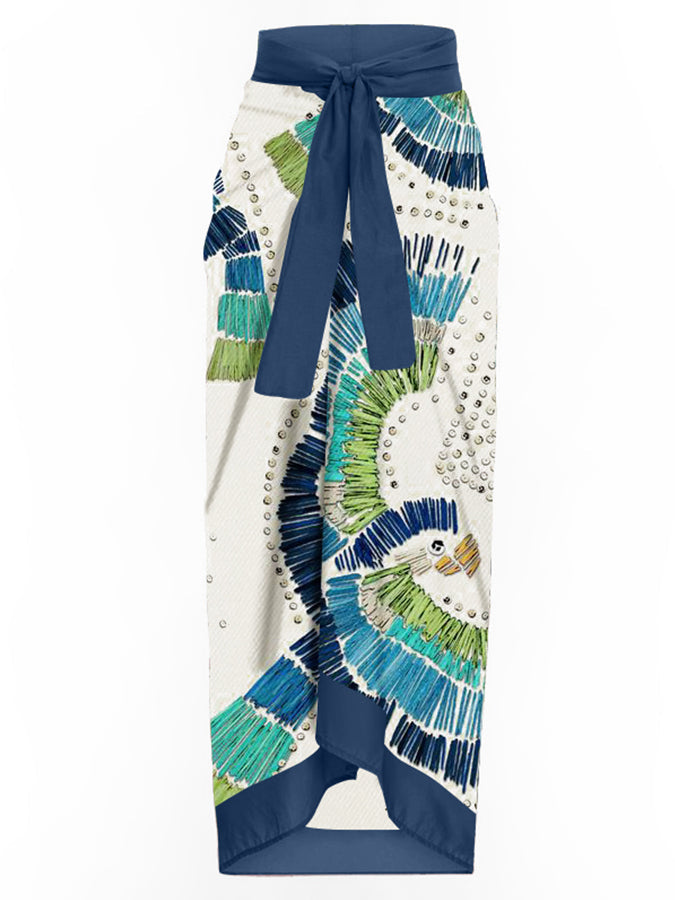 V-Neck Ruffled Vintage Embroidered Print Swimsuit Set