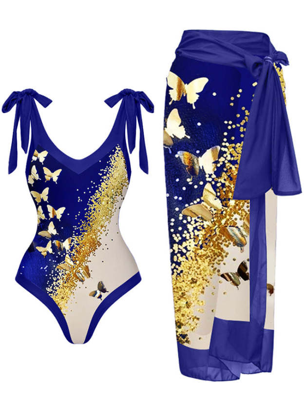 V-Neck Colorblock Butterfly Print One-Piece Swimsuit Set