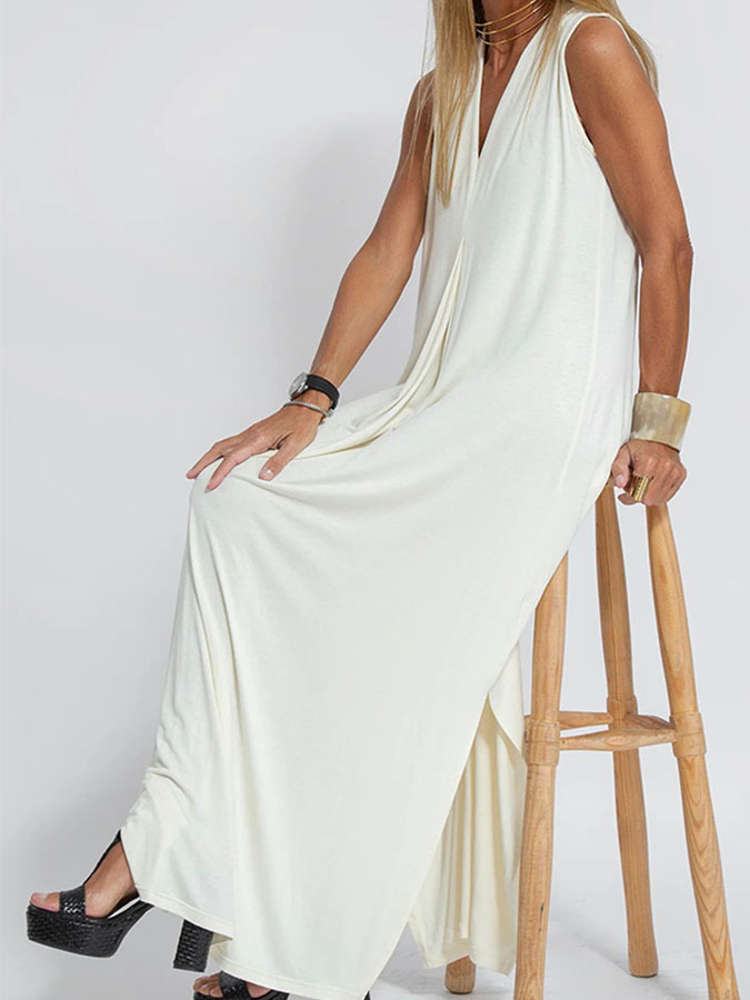 Solid V-neck Casual Sleeveless Maxi Dres