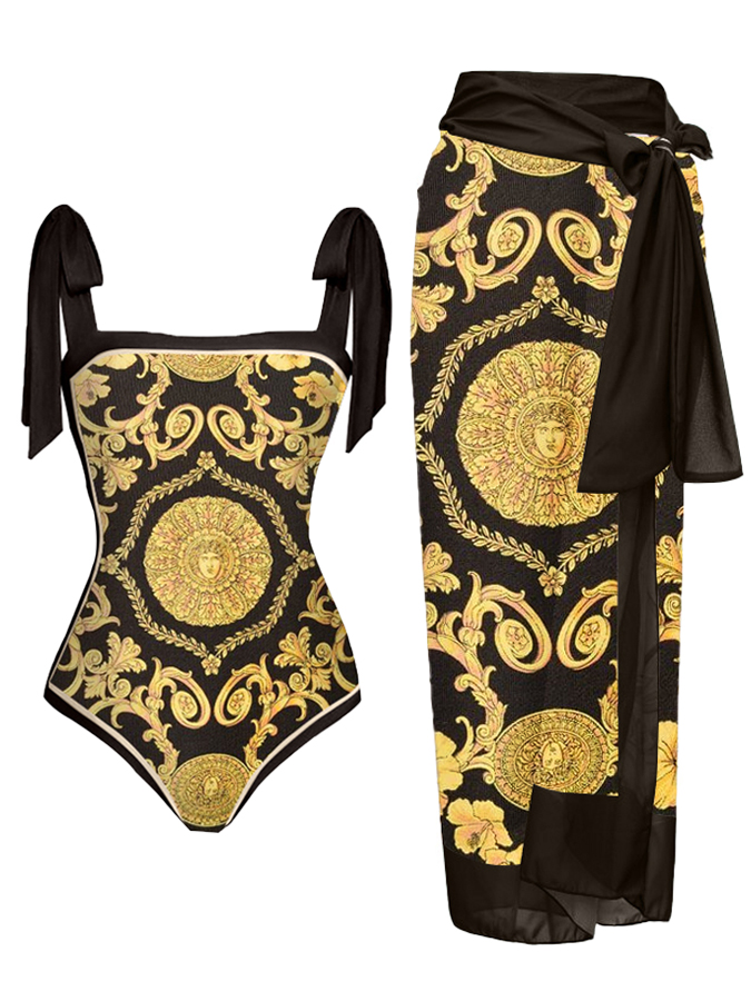 Vintage Print One-Piece Swimsuit and Cover Up