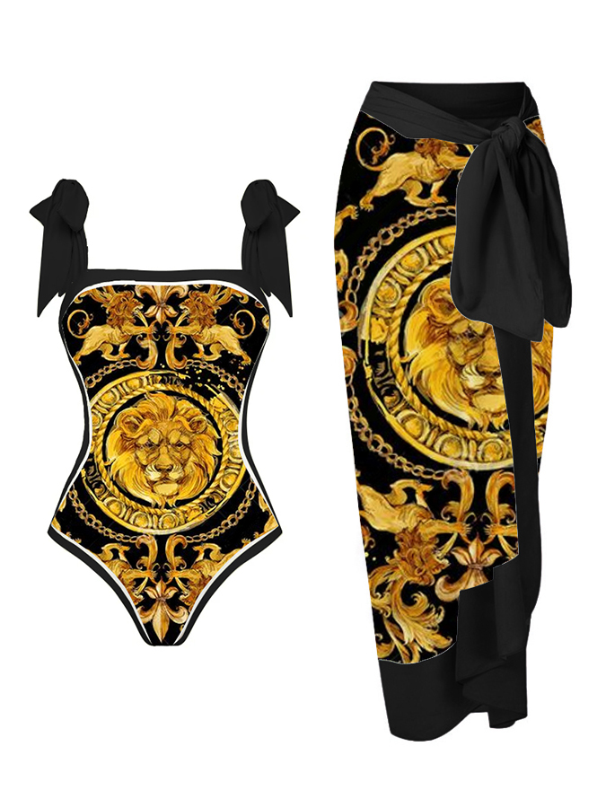 Gold Lion Pattern Print Reversible One Piece Swimsuit And Cover up