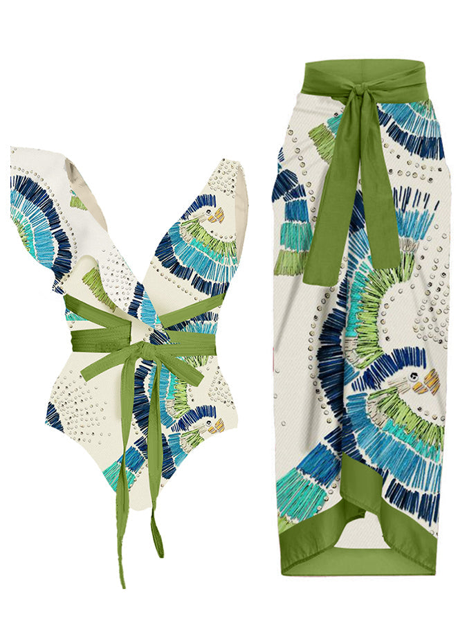 V-Neck Ruffled Vintage Embroidered Print Swimsuit Set