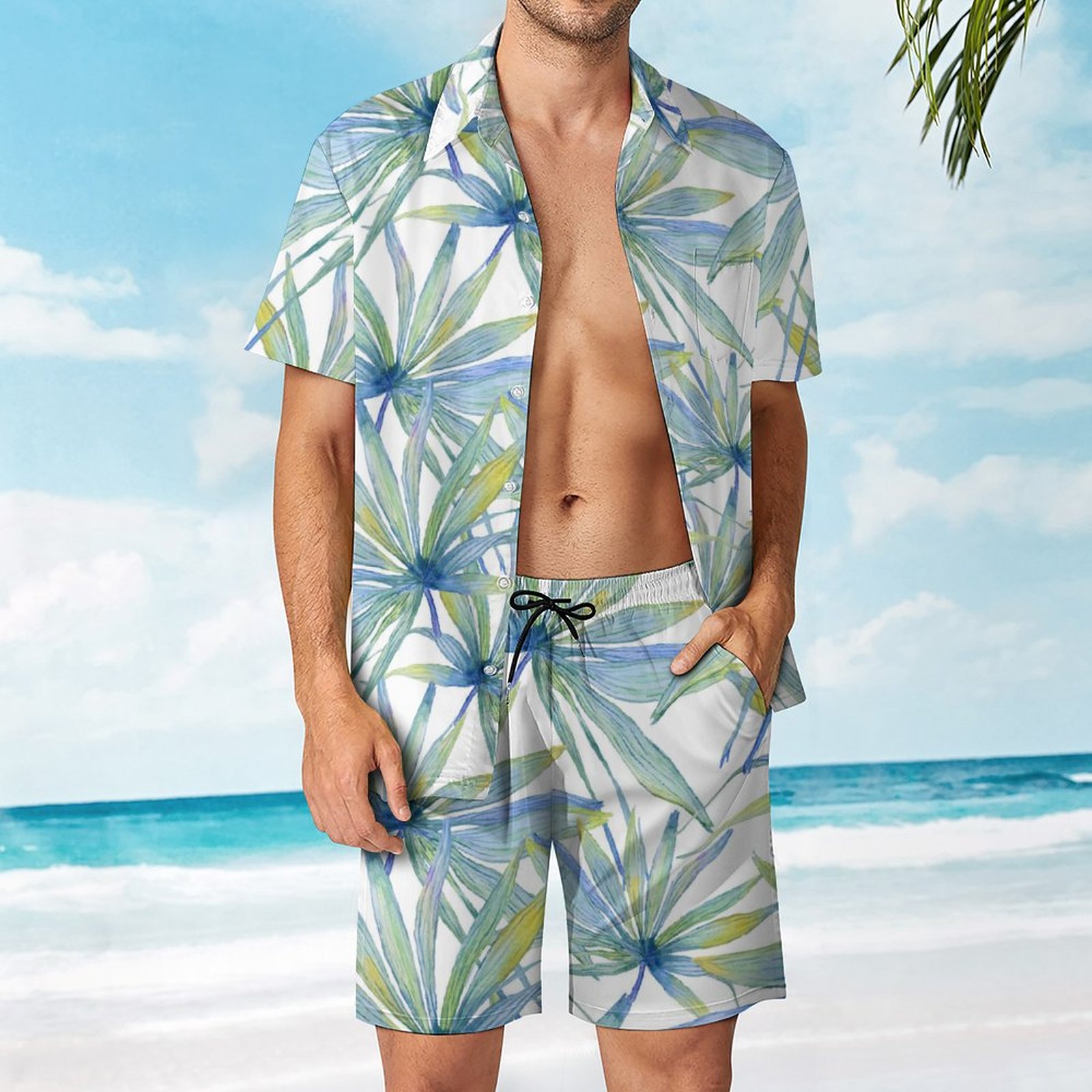 Men's Hawaiian Print Beach Two-Piece Suit 2304102665