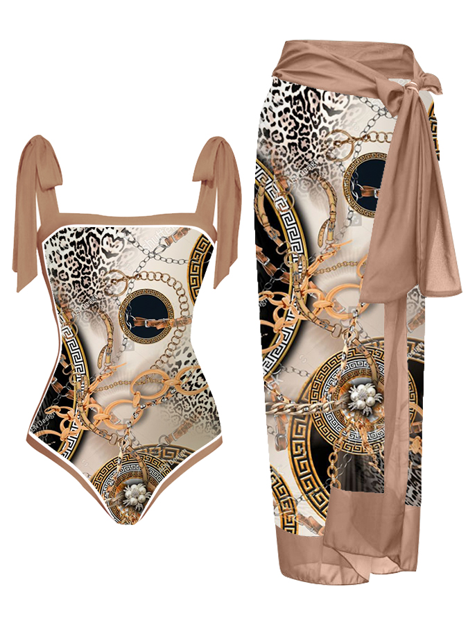 Leopard Panel Print One-Piece Swimsuit and Cover-up