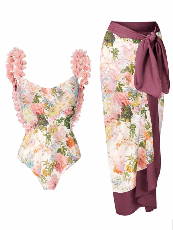 Printed Petal Straps One-Piece Swimsuit and Cover-Up