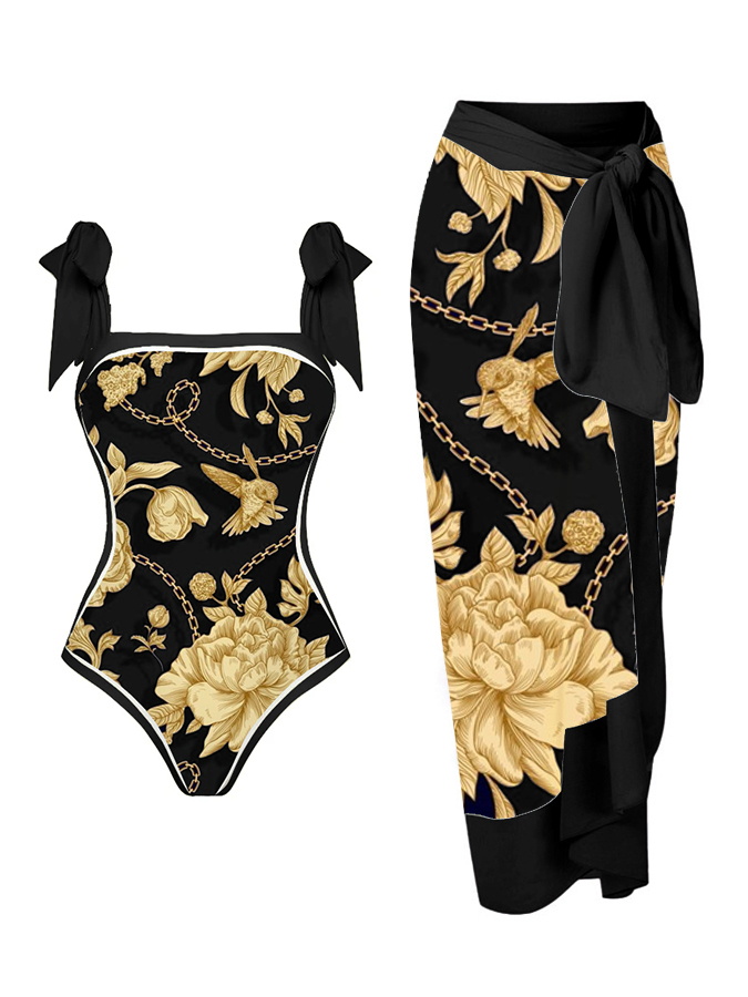 Gold Bird & Flower Bee Print Reversible One Piece Swimsuit And Cover up