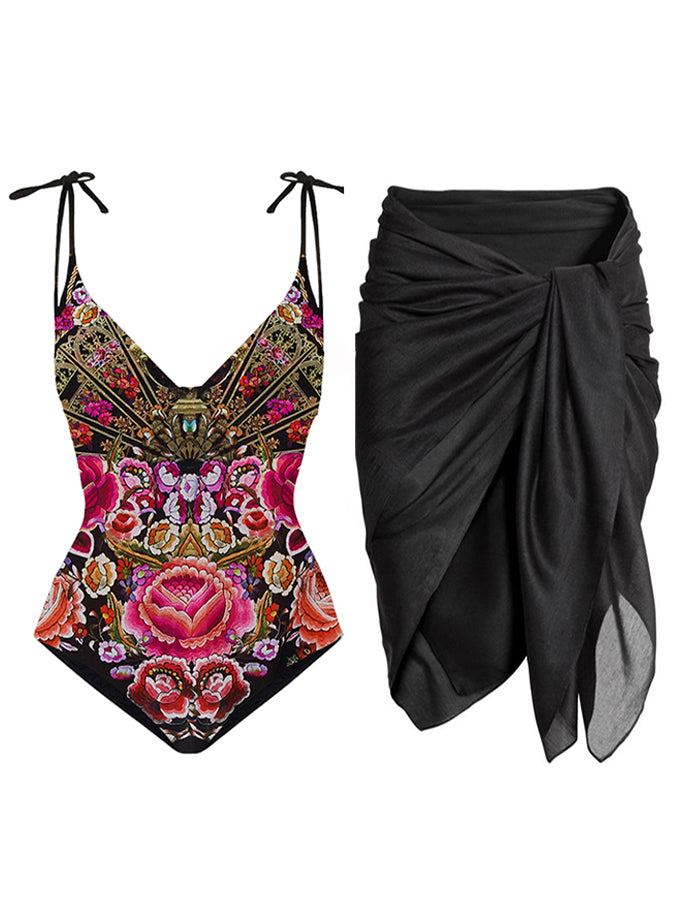 Vintage V-Neck Print One-Piece Swimsuit