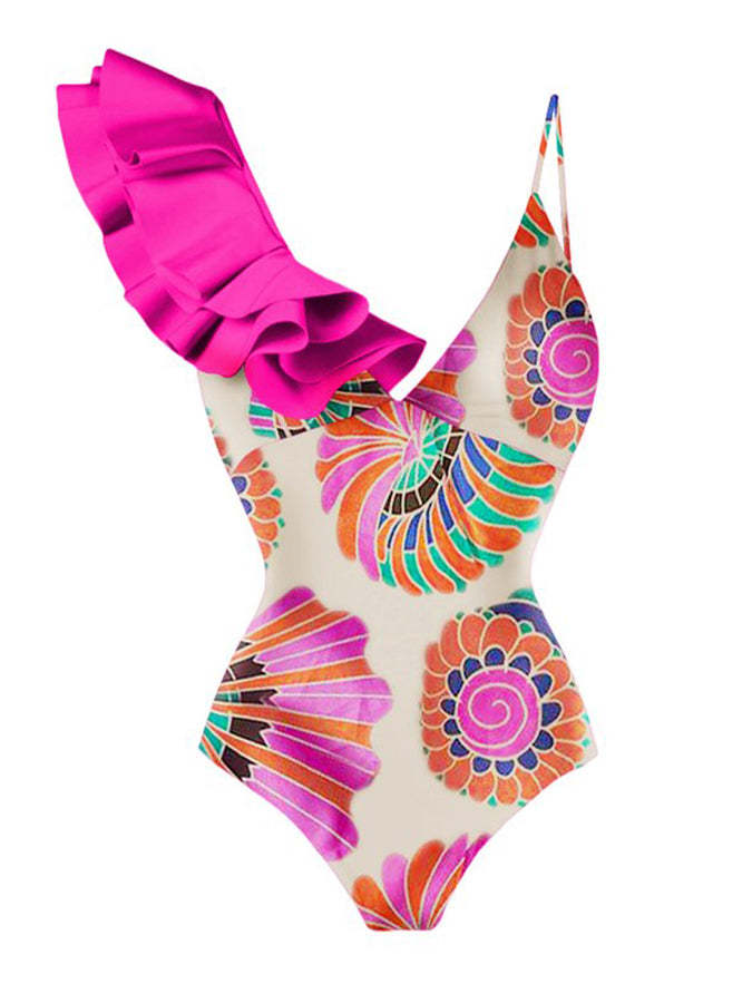 Vintage Colorblock Print Ruffle One-Piece Swimsuit