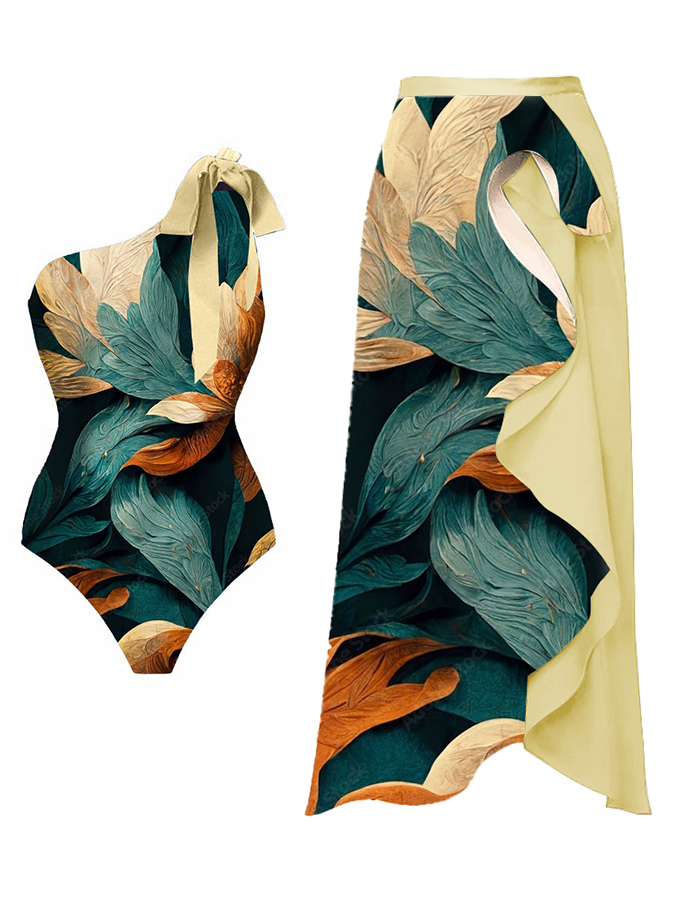 One-Shoulder Tie Vintage Print One-Piece Swimsuit