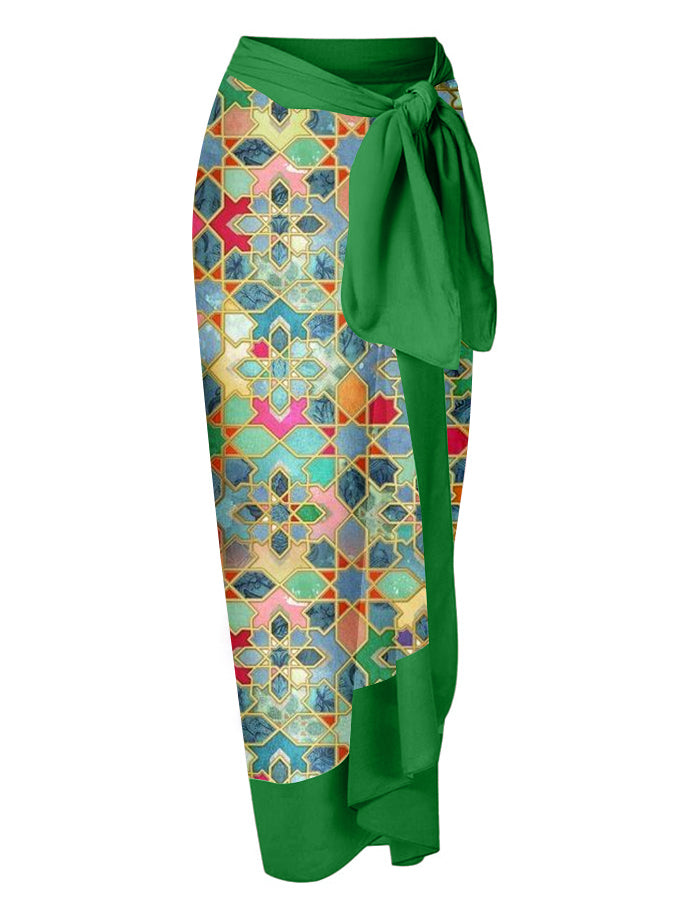 Vintage Colorblock Ethnic Print Swimsuit Set