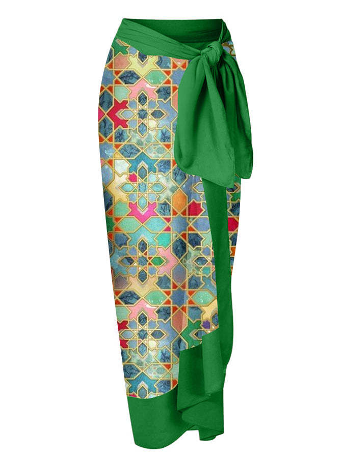 Vintage Colorblock Ethnic Print Swimsuit Set