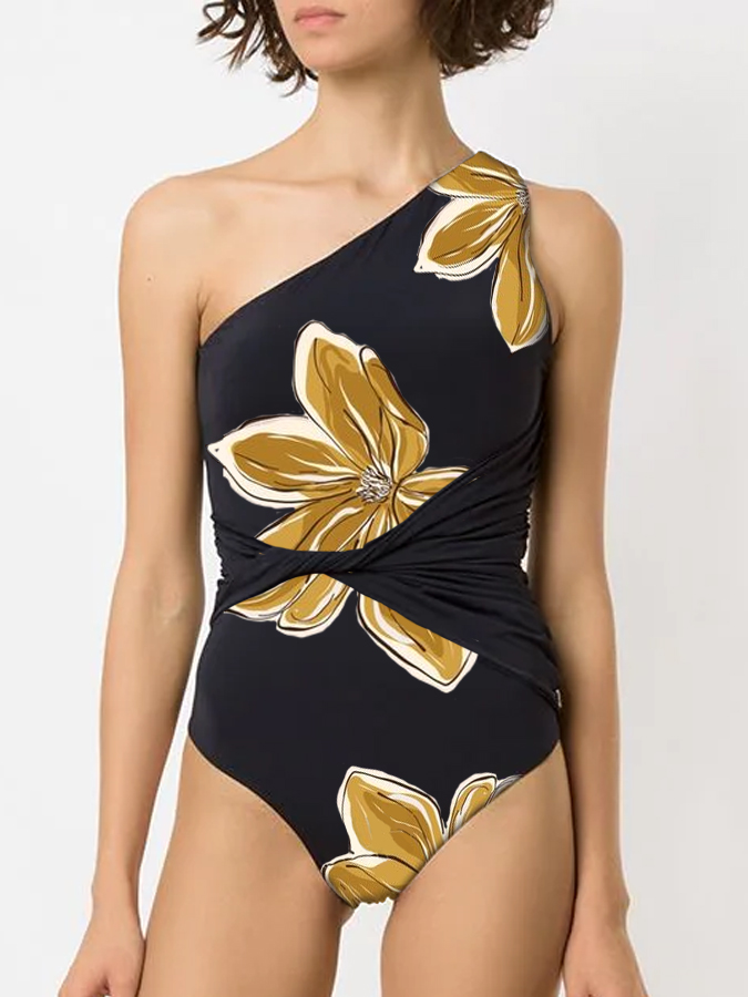 Floral Print One Shoulder One-Piece Swimsuit And Cover Up
