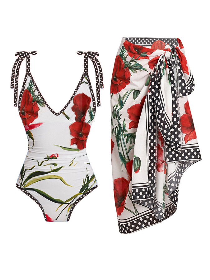 Floral Print One Piece Swimsuit and Cover Up