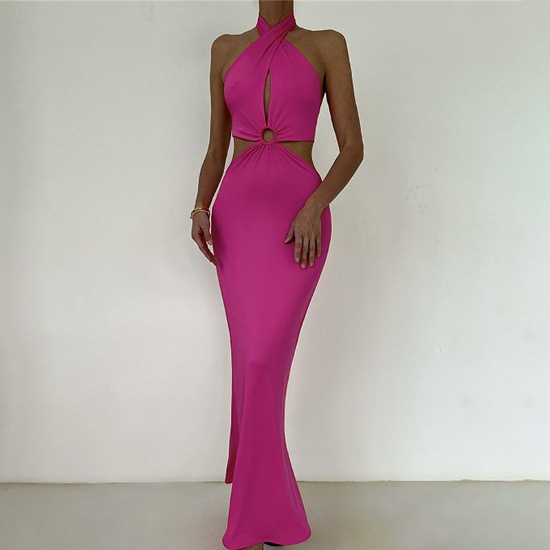 Halter Solid Backless Holiday Maxi Dress