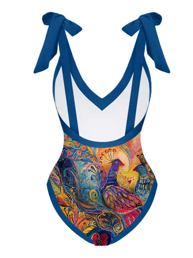 Deep V Vintage Abstract Print One-Piece Swimsuit Set