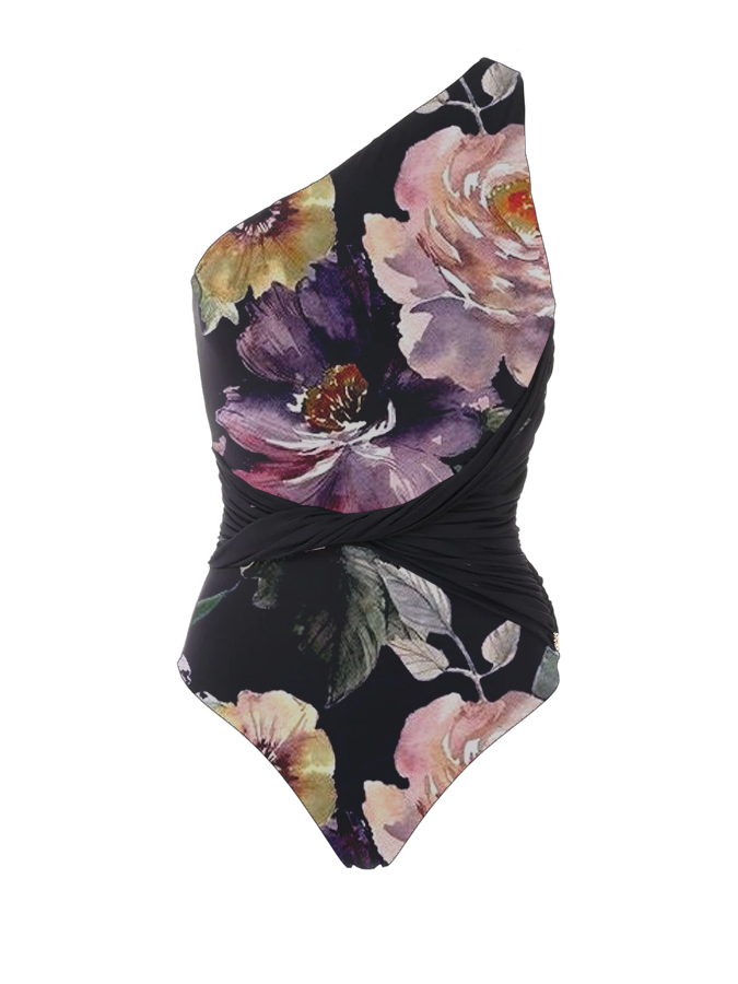 Vintage Rose Print One Shoulder One Piece Swimsuit And Cover up