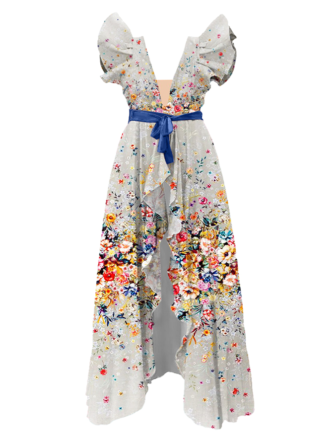 Ruffled Floral Print Colorblock One-Piece Swimsuit and Cover-up