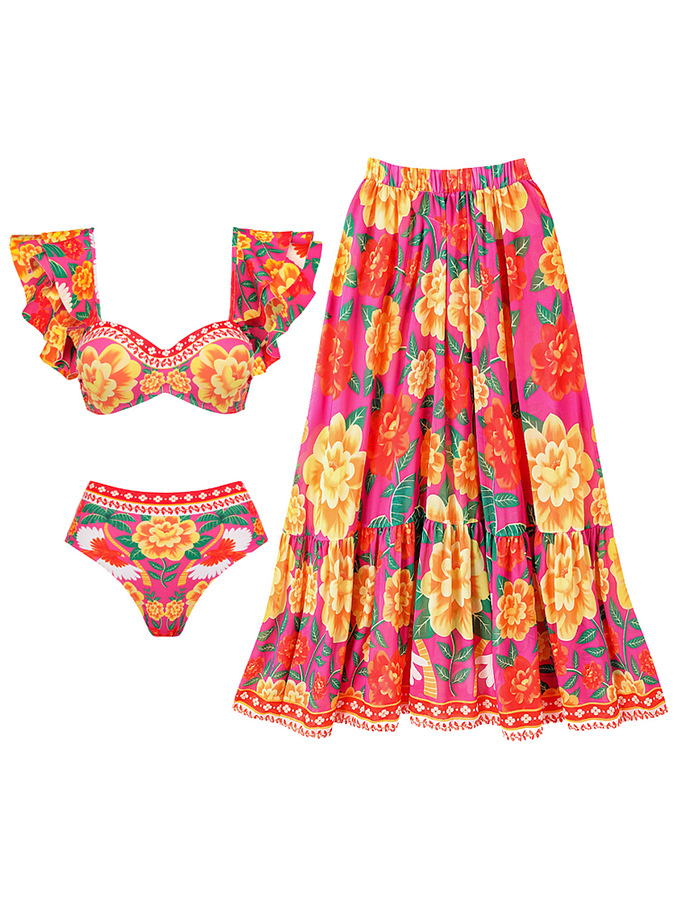 Vintage Ruffled Floral Print Swimsuit