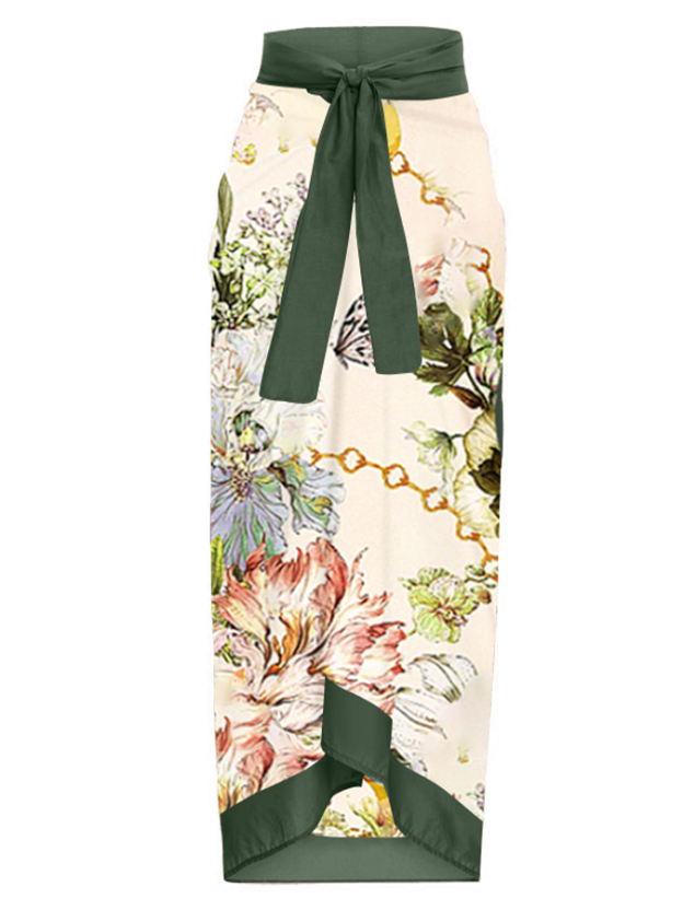 One Shoulder Floral Print One Piece Swimsuit and Skirt