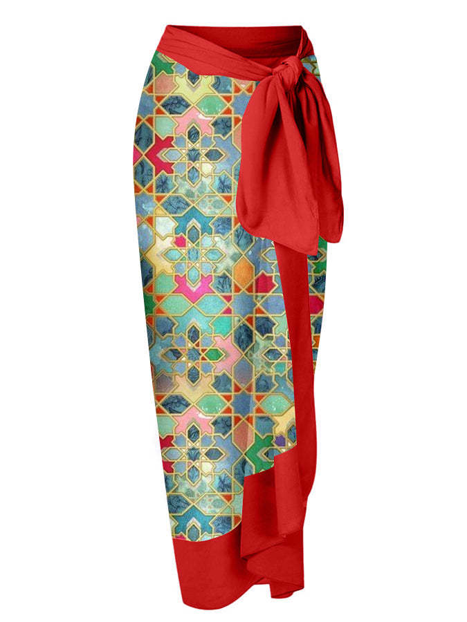 Vintage Colorblock Ethnic Print Swimsuit Set