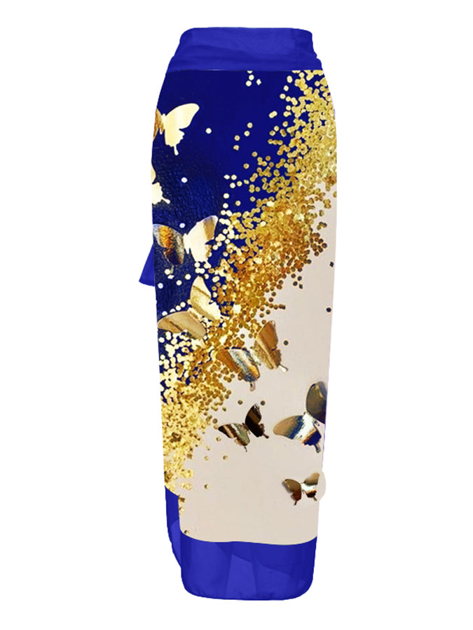 V-Neck Colorblock Butterfly Print One-Piece Swimsuit Set