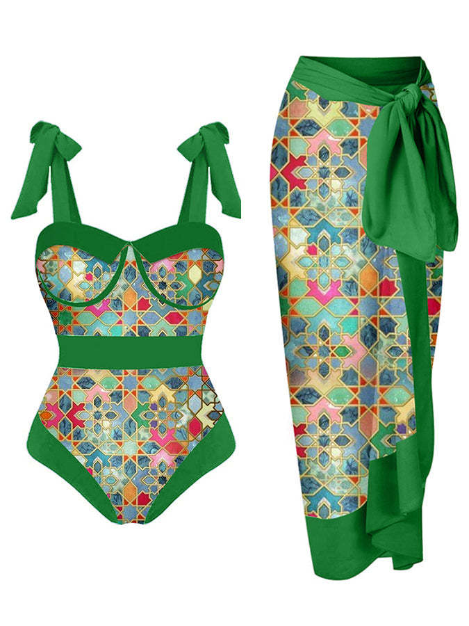 Vintage Colorblock Ethnic Print Swimsuit Set
