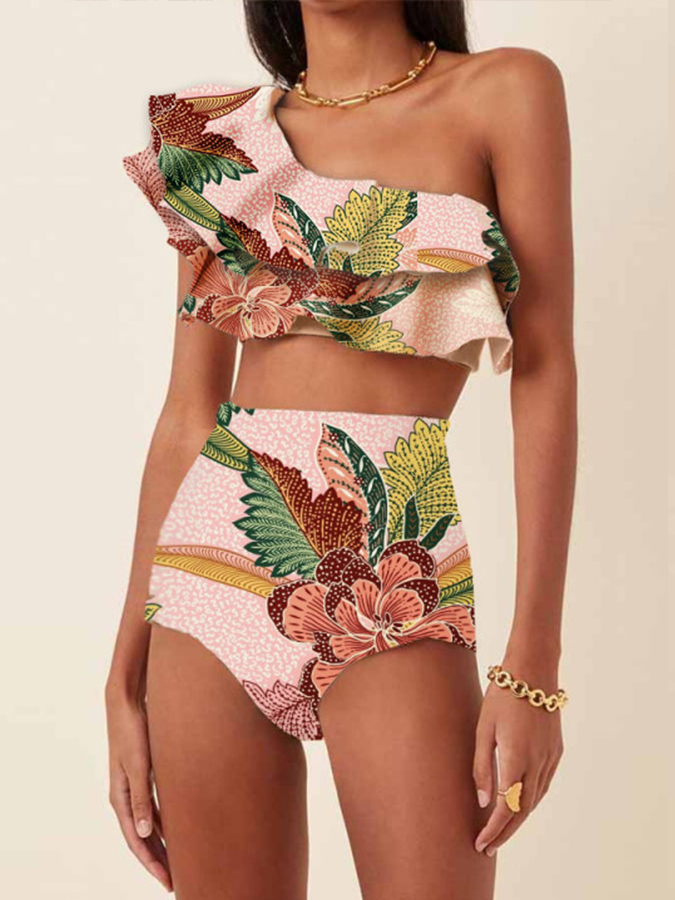One-Shoulder Floral Print Ruffled Bikini