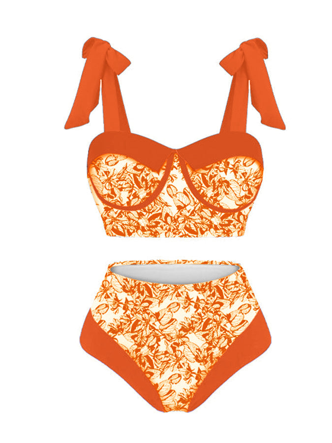 Vintage Colorblock Print Swimsuit Set