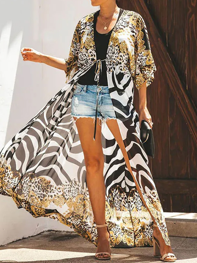 Chiffon Leopard&Zebra Short Sleeve Loose Cardigan Cover-Up Swimwear