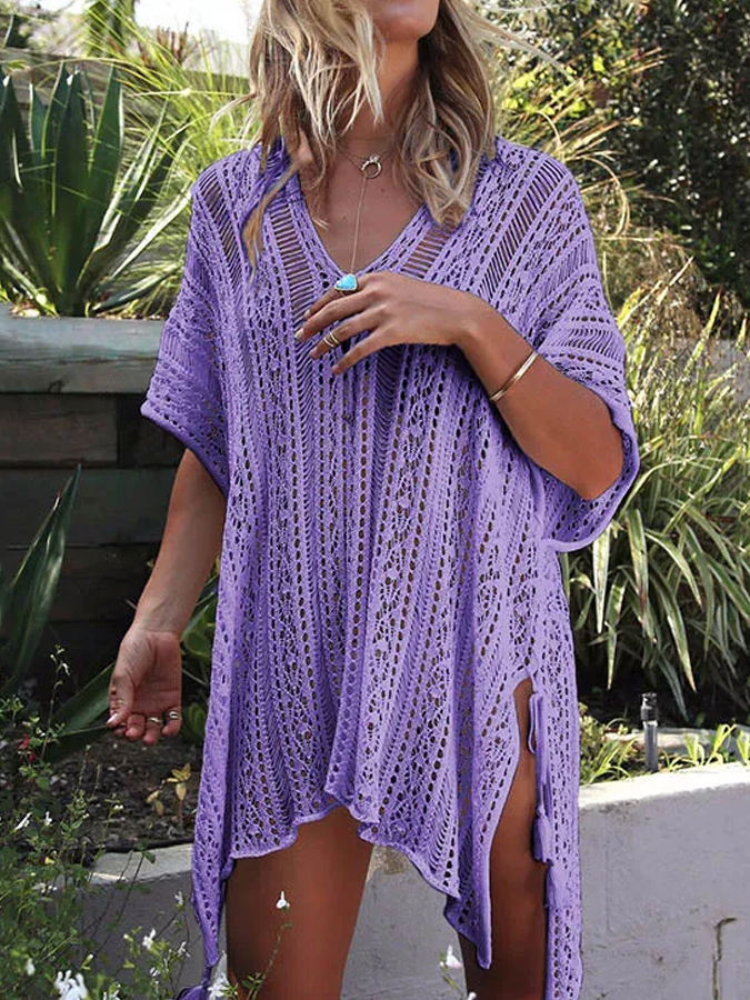 Loose Hollow Vacation Half  Sleeve V Neck Beach Cover-Ups