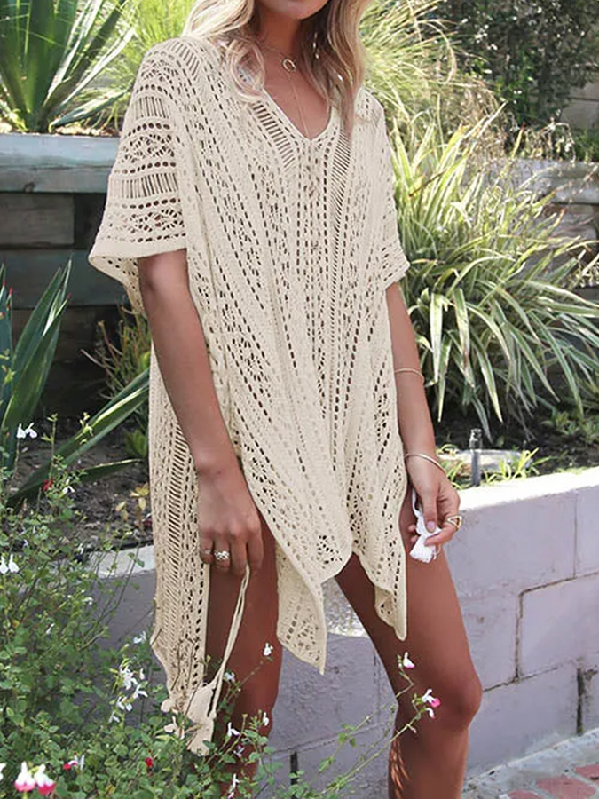Loose Hollow Vacation Half  Sleeve V Neck Beach Cover-Ups