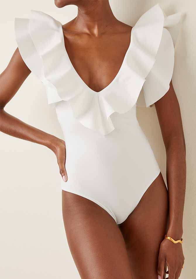 V-Neck Ruffled Solid Color One-Piece Swimsuit