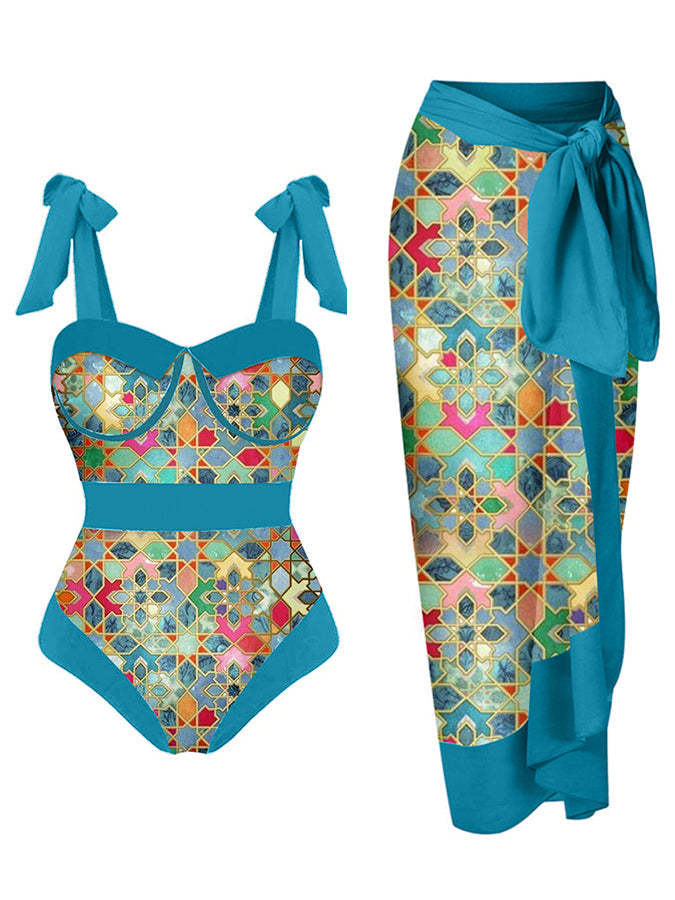 Vintage Colorblock Ethnic Print Swimsuit Set