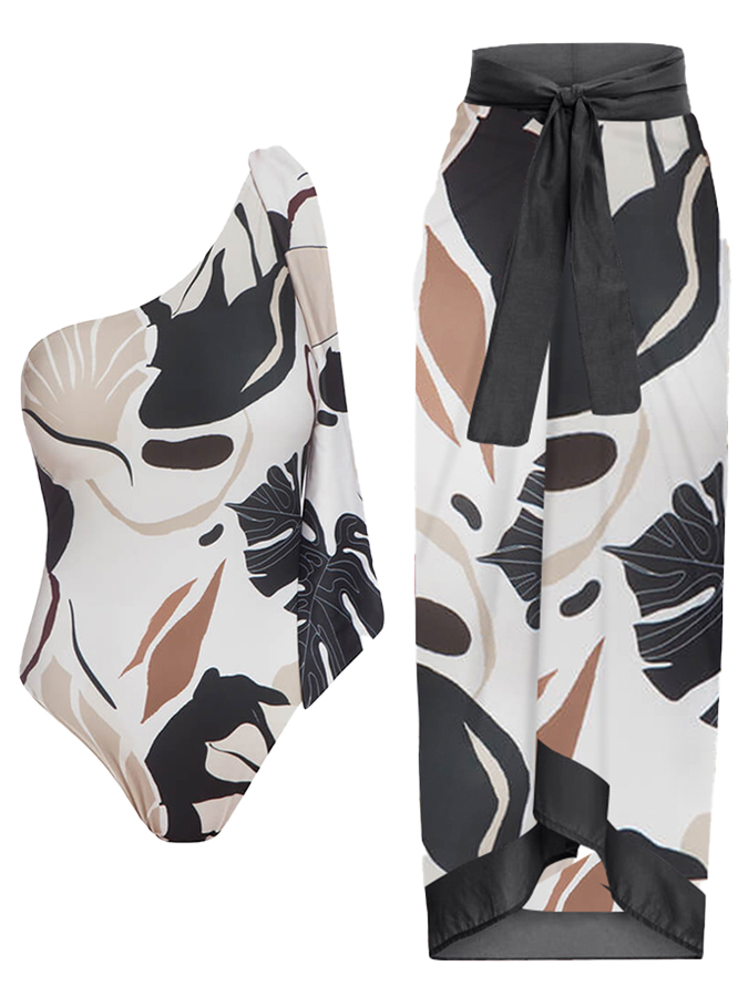 One-shoulder Printed Swimsuit and Cover-up