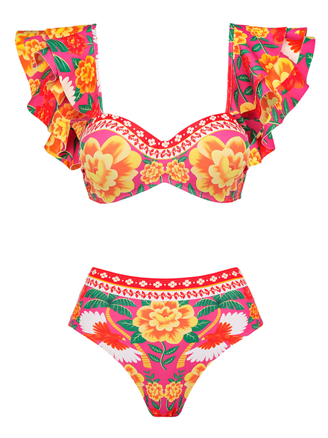 Vintage Ruffled Floral Print Swimsuit