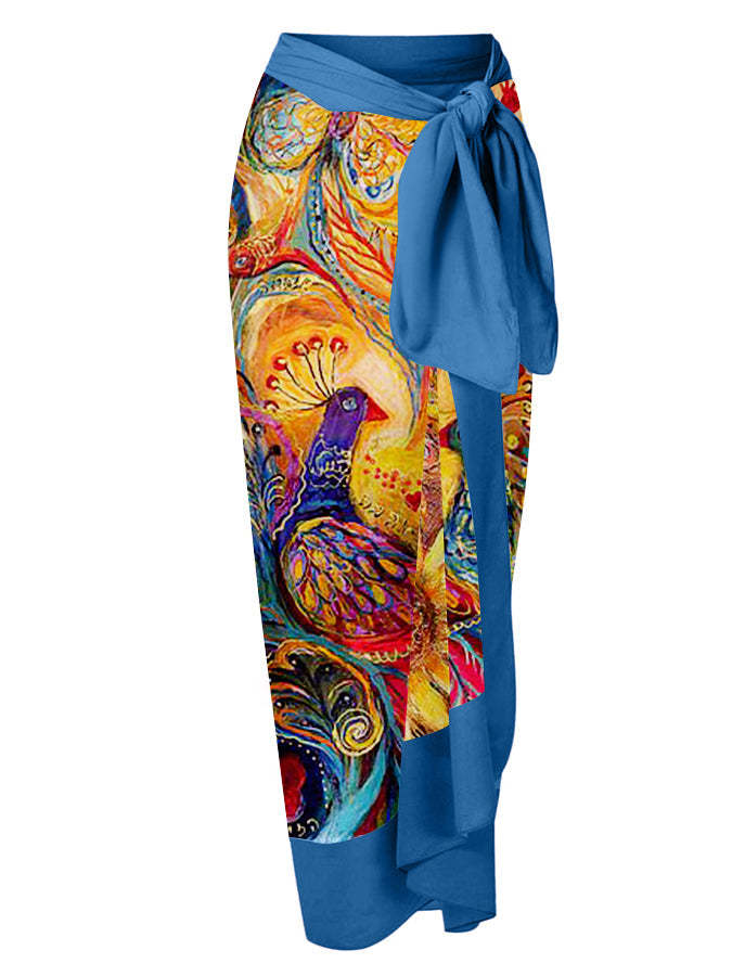 Deep V Vintage Abstract Print One-Piece Swimsuit Set