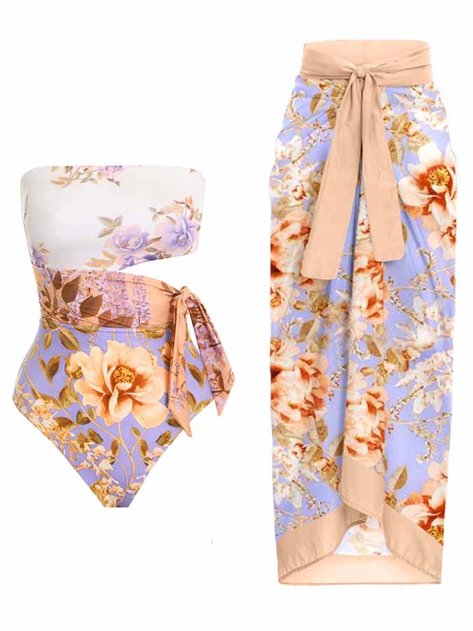 Fashion Colorblock Floral Print One Piece Swimsuit