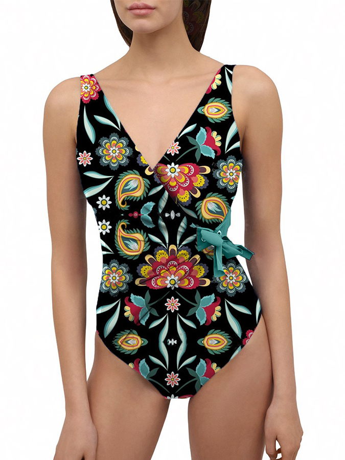 Print Collar Wrap Fashion One Piece Swimsuit