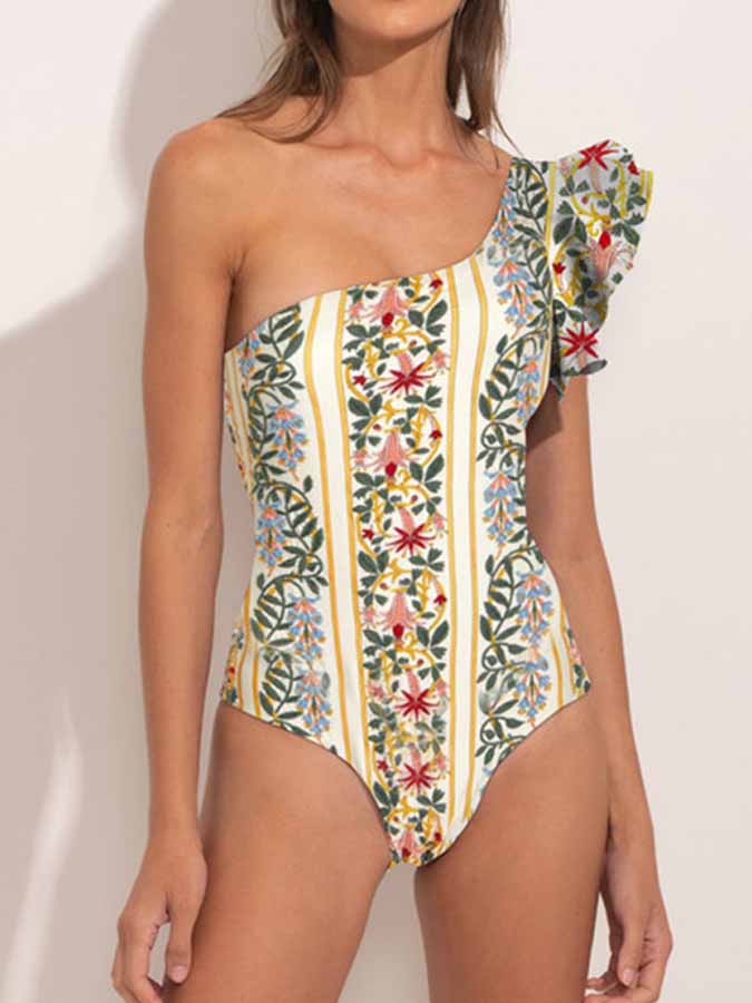 One-Shoulder Ruffled Printed Swimsuit