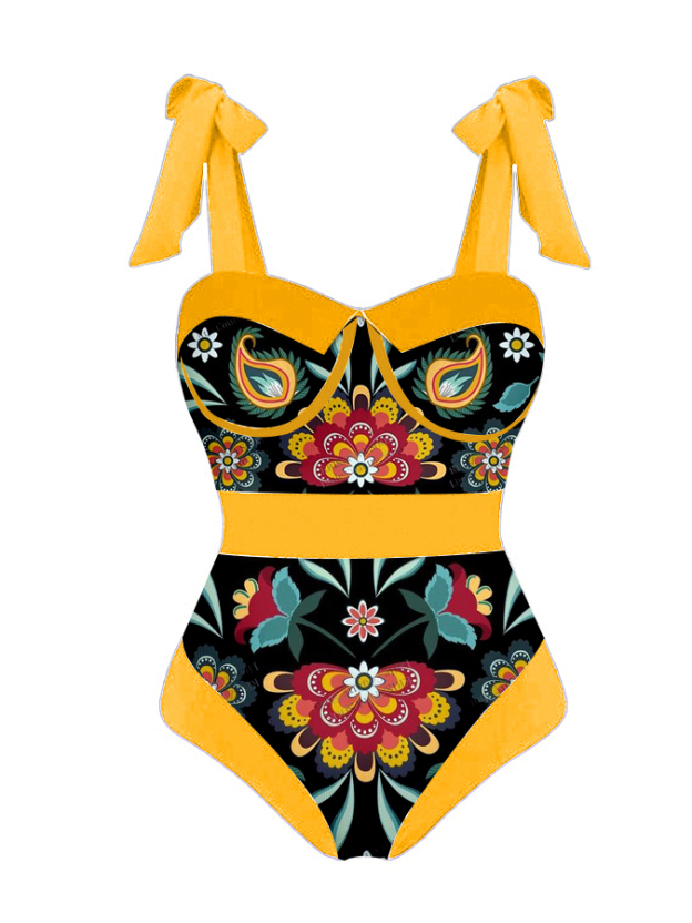 Trendy Print Panel Lace Swimsuit