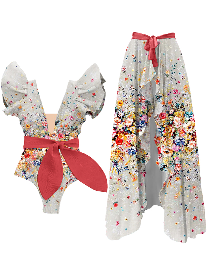 Ruffled Floral Print Colorblock One-Piece Swimsuit and Cover-up