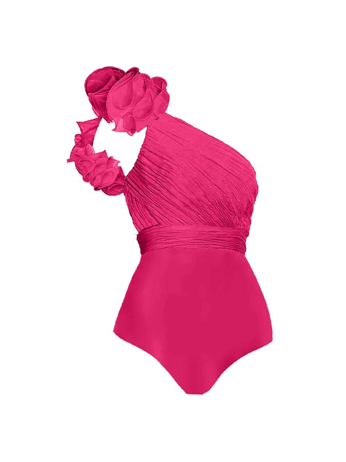 Solid Color One-Shoulder Wood Ear Trim One-Piece Swimsuit