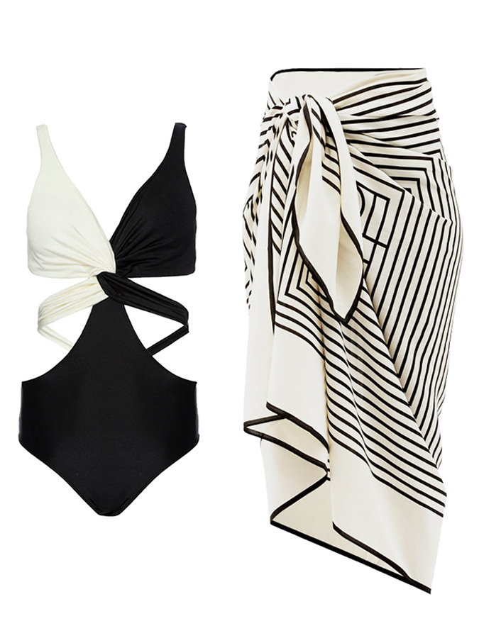 Deep V Colorblock One-piece Swimsuit and Cover-up